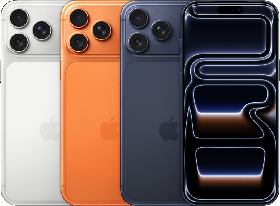 iPhone 17 Pro Max в цветах серебристый, космический оранжевый и тёмно-синий